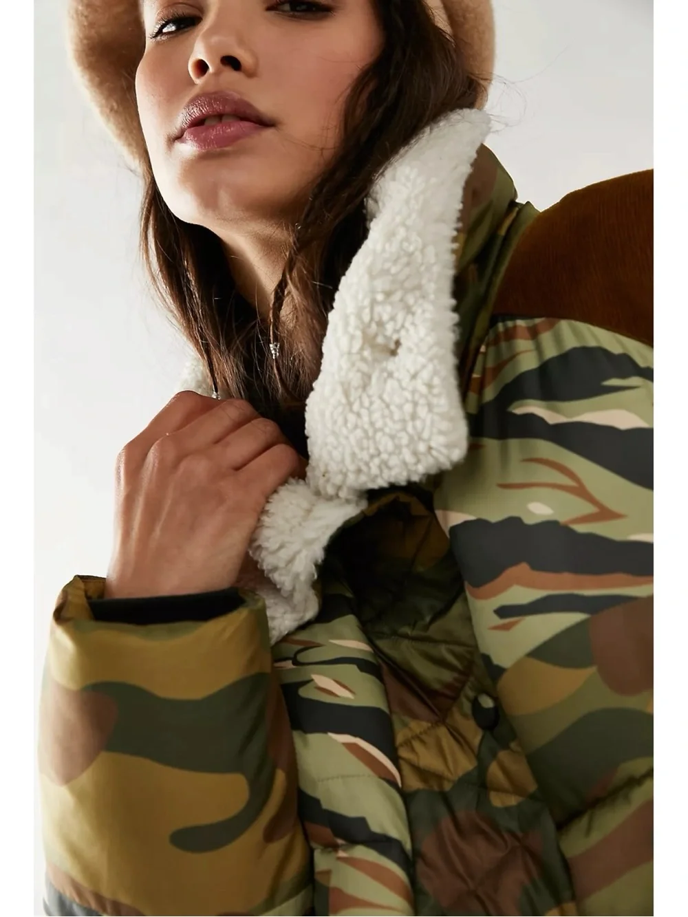 Free People Bohemian Patchwork Camo Cordury West Coast Puffer Jacket Size Large